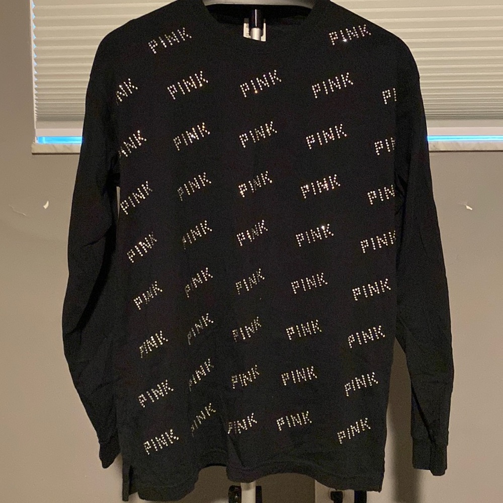PINK size small long sleeve. Black with rhinestones that say PINK.